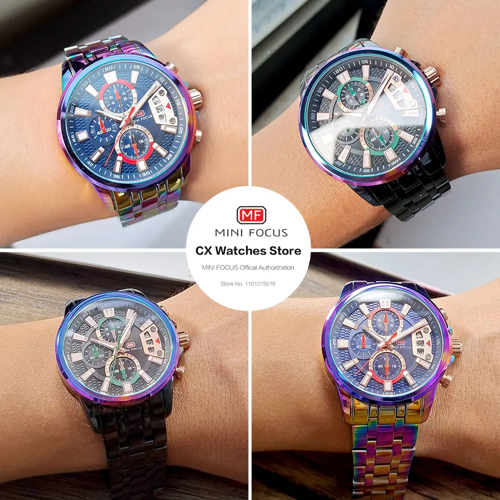 MINI FOCUS Motley Watches for Men Fashion Sport Chronograph Quartz Wristwatch with Date Luminous Hands Stainless Steel Strap Man 4