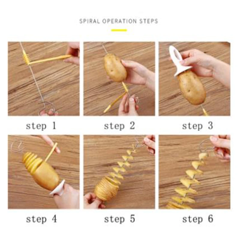 1Set Rotating Potato Tower Spiral Potato Slicing Knife Skewer Manual Rotating BBQ Kitchen Accessories Gadgets for Kitchen