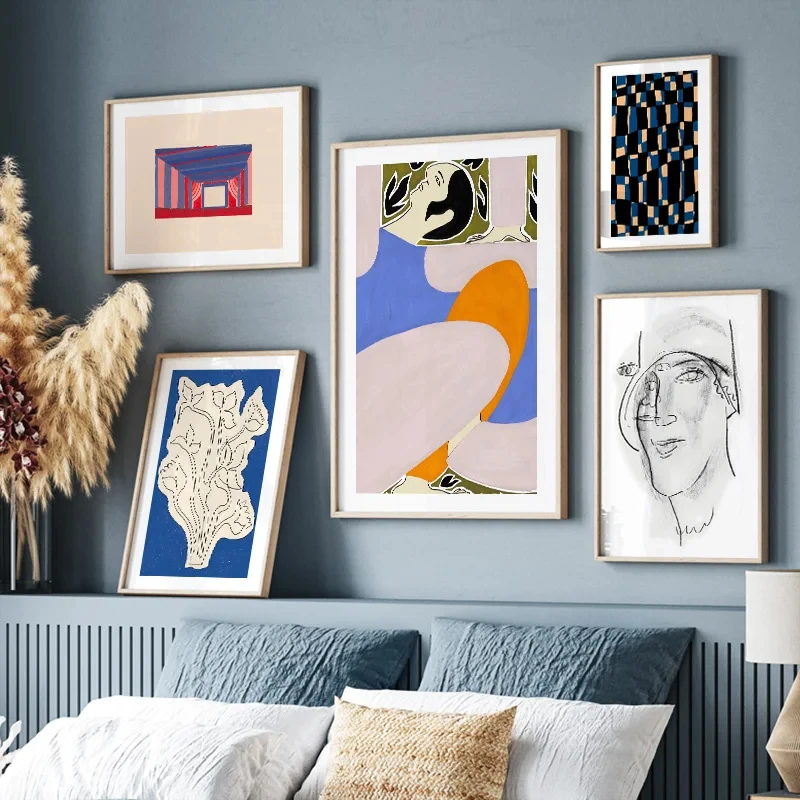 

Abstraction-Woman Line Face Flower Leaves Canvas Painting, Color Block Wall Art, Posters and Prints, Pictures for Living Room De