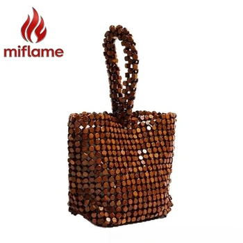 Borsa tote artigianale in legno con perline e chiusura a coulisse, leggera, estiva, da spiaggia, per donna, per tutti i giorni