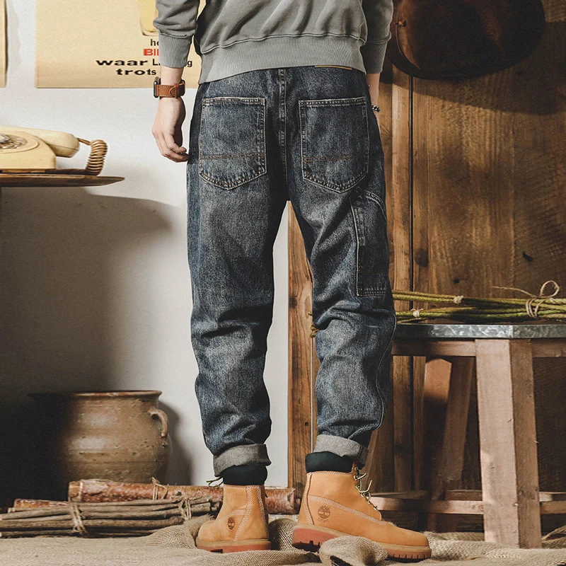 Fashion Streetwear Men Jeans Retro Blue Loose Fit Multi Pockets Casual Denim Cargo Pants Men Overalls Hip Hop Wide Leg Jeans Men