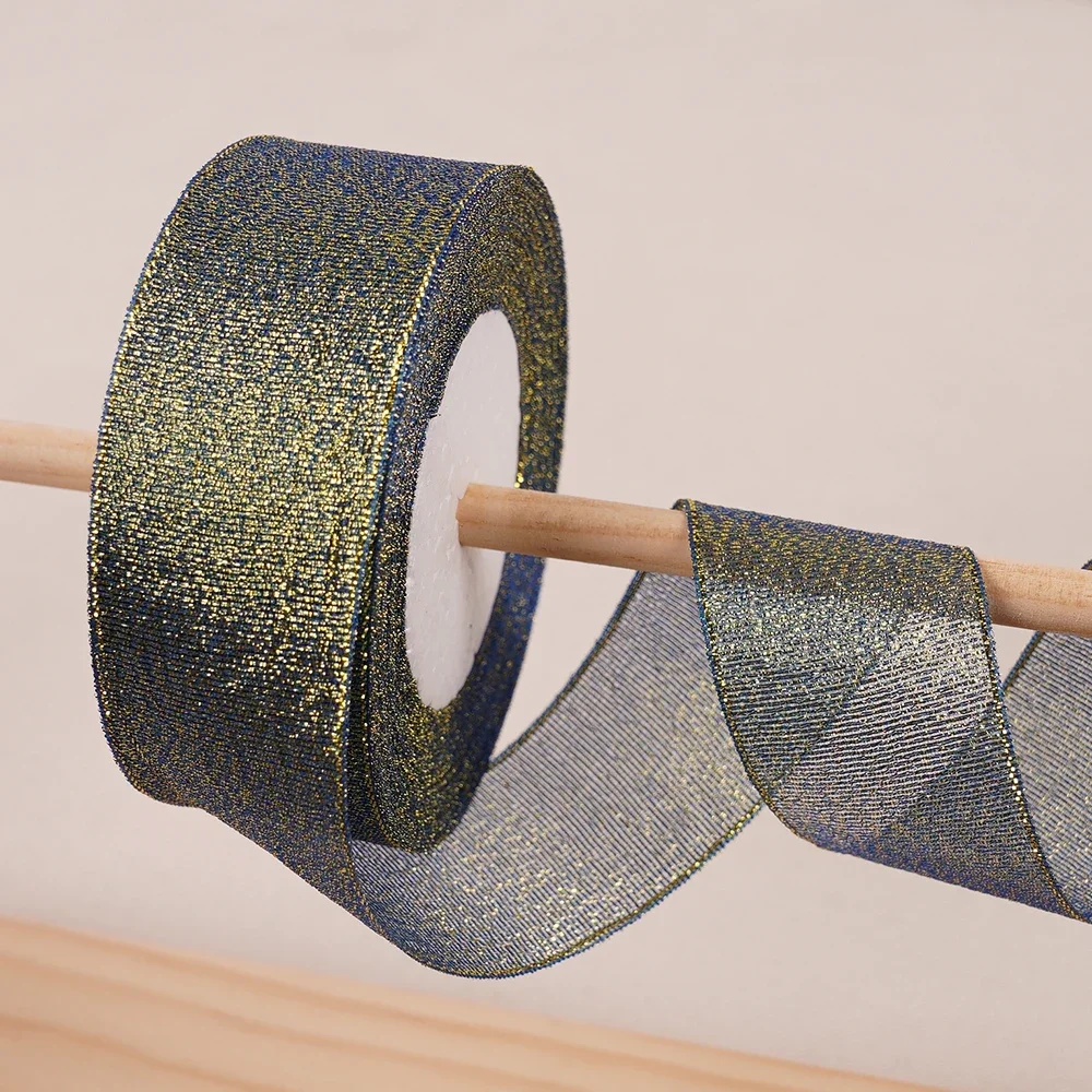 Gold Silver & Pink Blue Glitter Metallic Ribbon for Holiday & Party Decorations - 40mm Wide