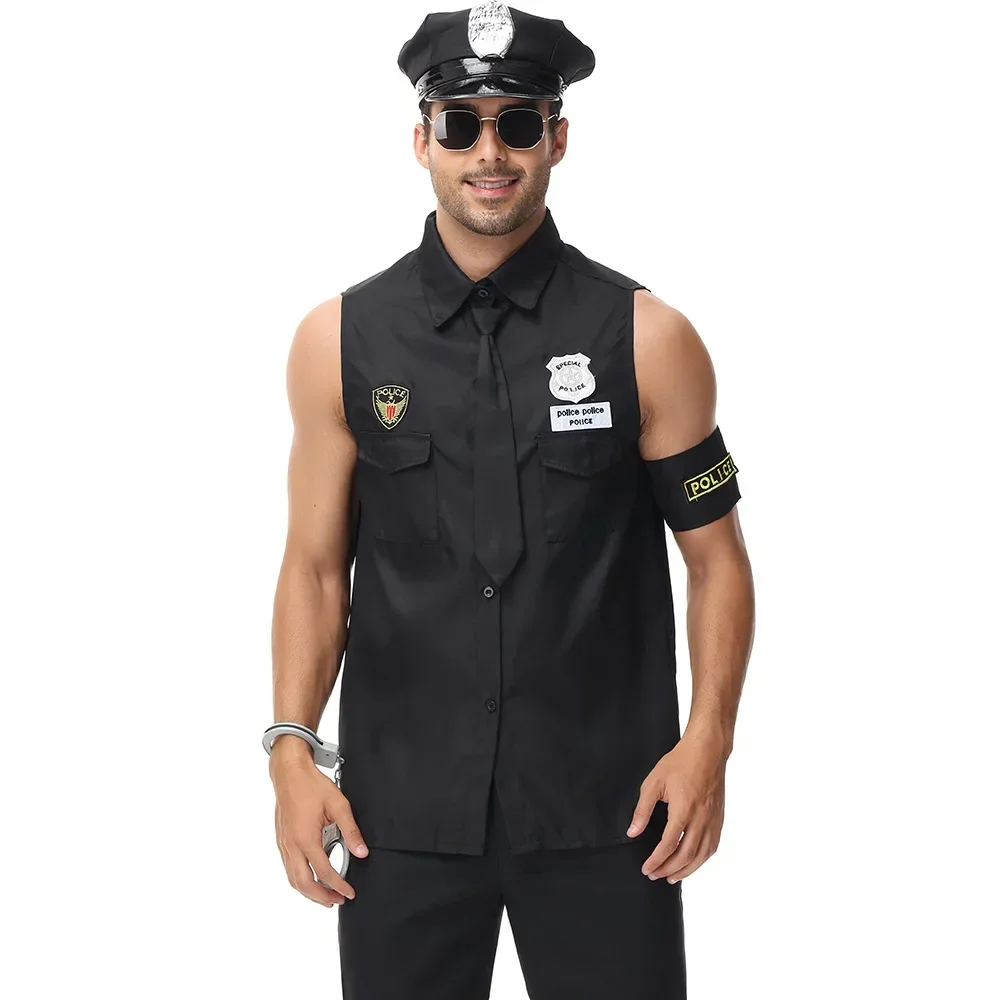Adult Man Police Costume Top Shirt Men Cop Cosplay Halloween Clothing Set