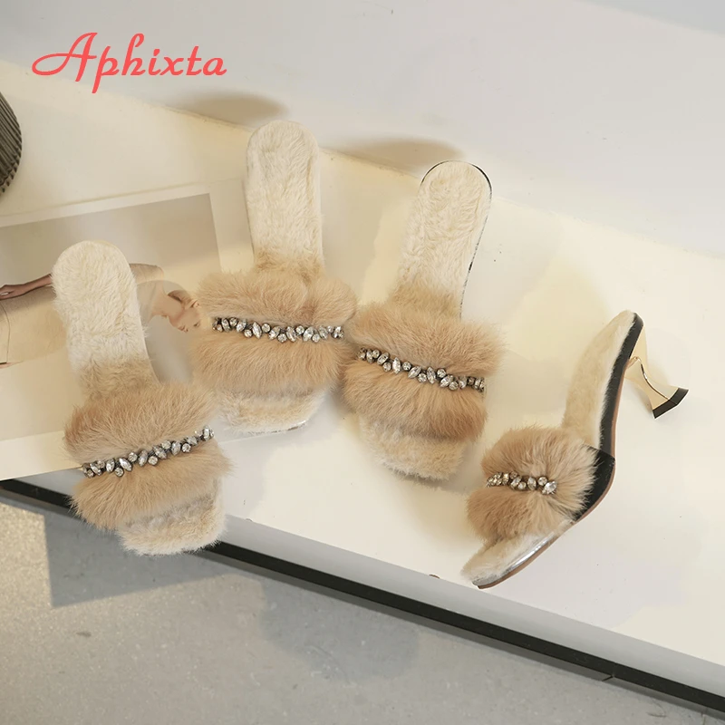 Aphixta Furry Warm Women's Slides Luxury Crystal Slip-On Autumn Spring Shoes with Spike Heel Long Plush Modern Slippers Shoes