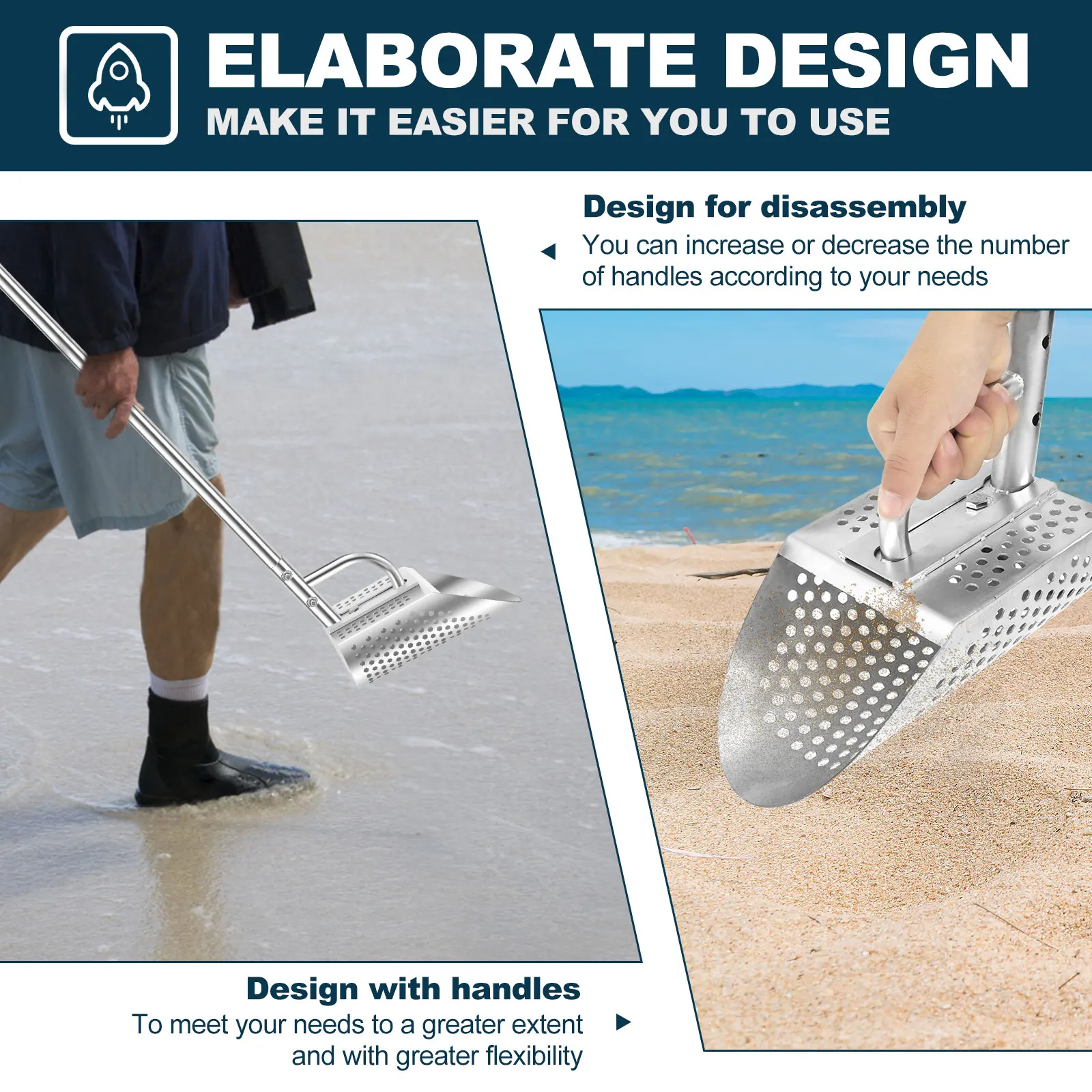 55inch Metal Detecting Sand Scoop Stainless Steel Beach Treasure Hunting Sand Scoop with Removable Long Handle for Beach Diving 3