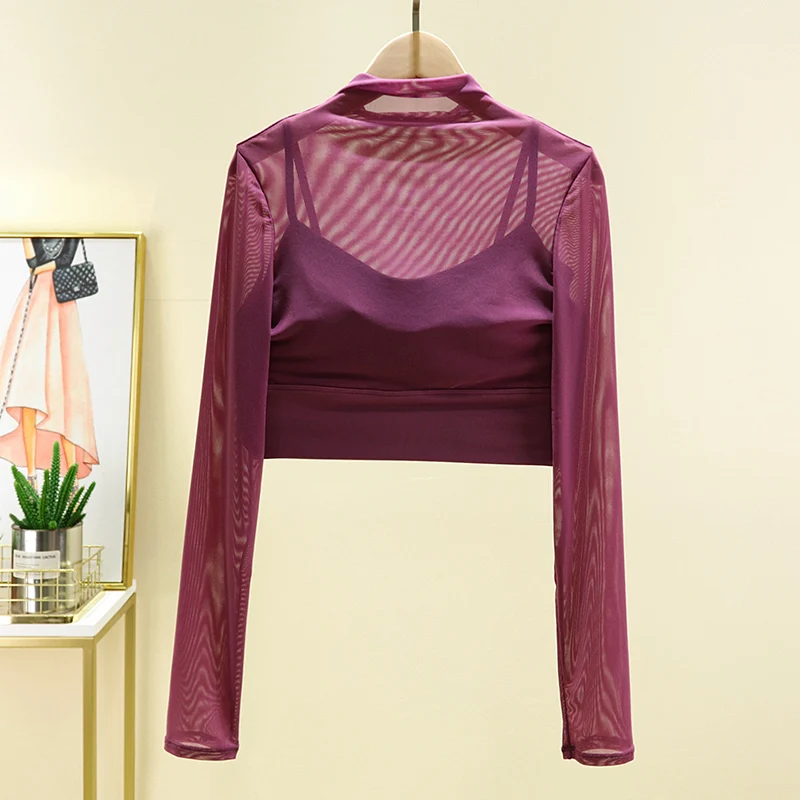 Yoga Top T-shirt Chest Cushion Mesh Sexy Slimming Long Sleeved Sports Fitness