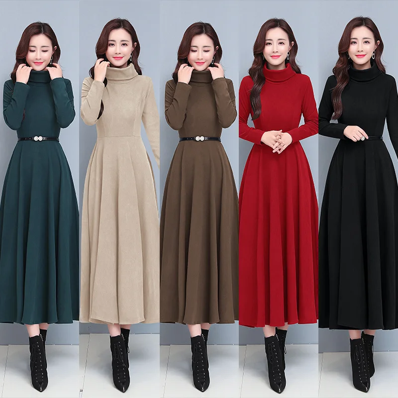 

Turtleneck Dress For Women 2022 Autumn Winter Double-Sided Fleece Thickened Mid-Length Base Dress Fashion Wild Female Robe T606