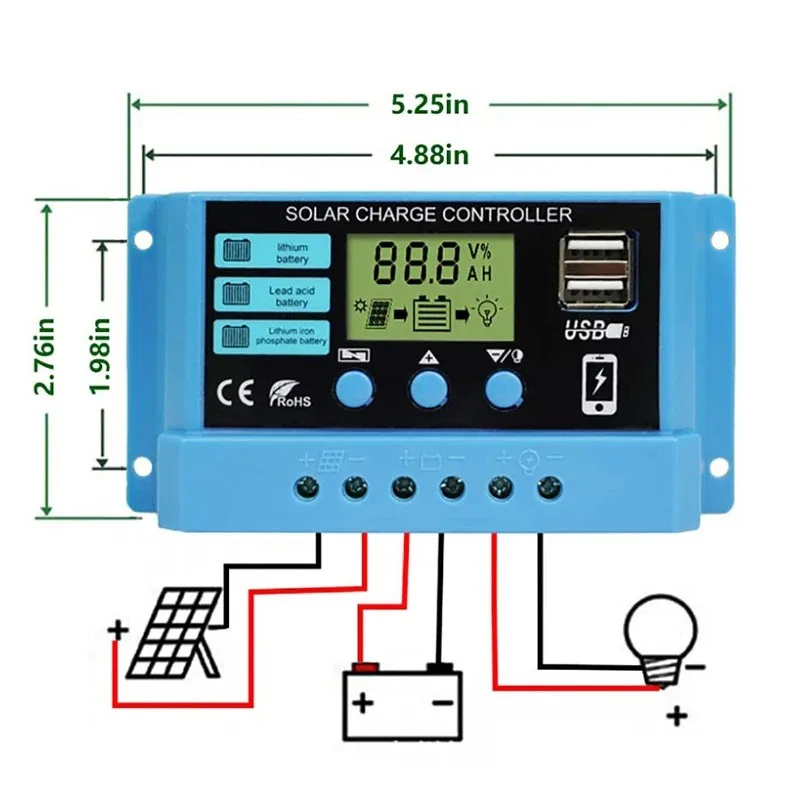 รูปสินค้า ตัวควบคุมชาร์จแบตเตอรี่พลังงานแสงอาทิตย์ 12V/24V จอ LCD พร้อม USB 5V