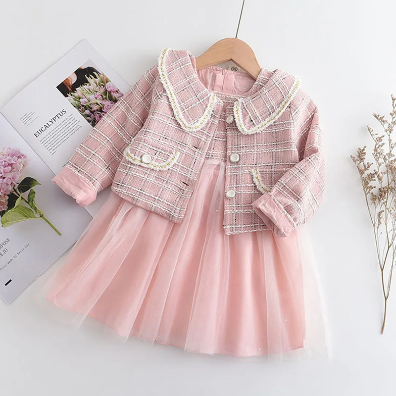 

Menoea Autumn Set 2023 New Girls' Checkered Sweet Sleeveless Mesh Splice Dress+ Coat Two Piece Set Kids' Fashion Clothing