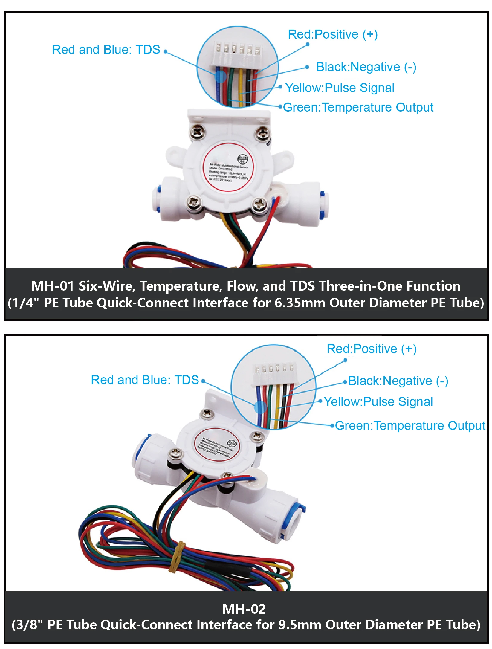 MH-01 MH-02 Water Flow Sensor TDS Hall Effect Flowmeter Quick Connect Temperatur