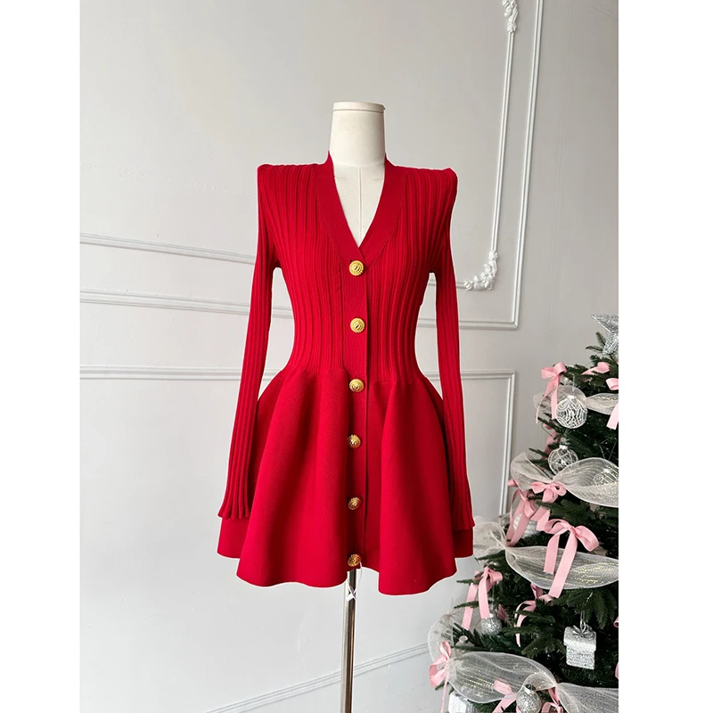 New Women Knitted Elegant V-neck Mini Dress Winter Long Sleeve Korean Single Breasted Sexy Party Ball Gown Dresses Super Short 2