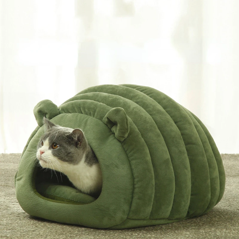 

Cute Semi-enclosed Cat Bed Sleeping Bag with Cushion Pet Warm PP House Detachable Washable Winter Indoor Nest Bed with Mat 50cm