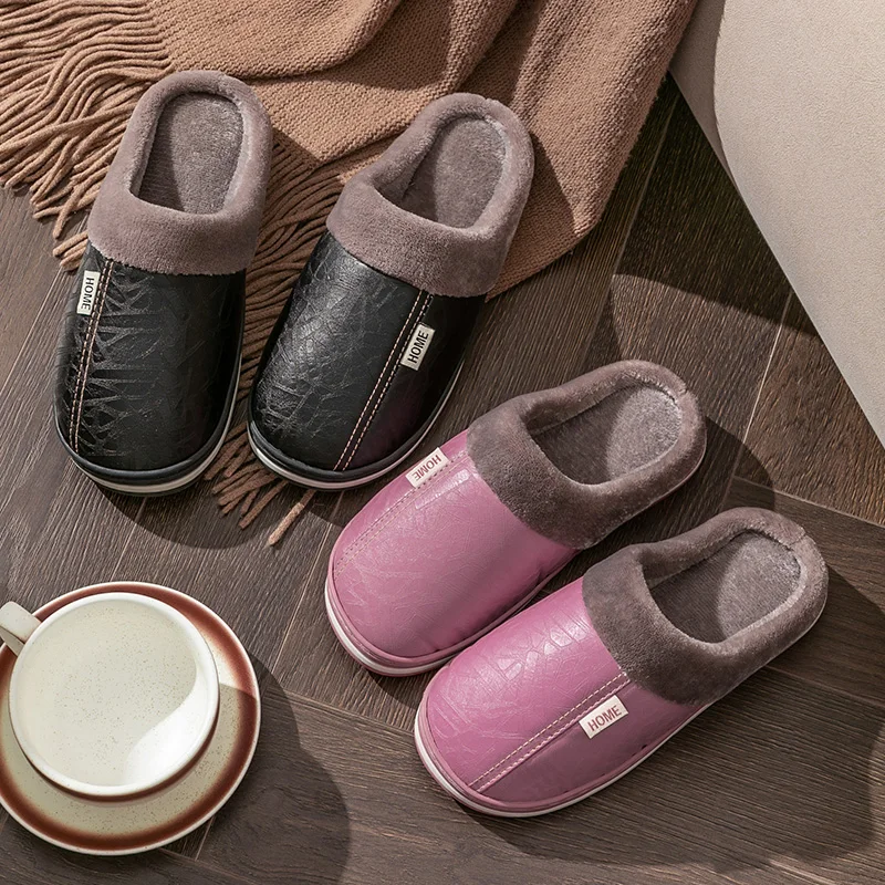 Men's Winter Big Size Indoor Waterproof PU Leather Slippers Home Cotton Shoes