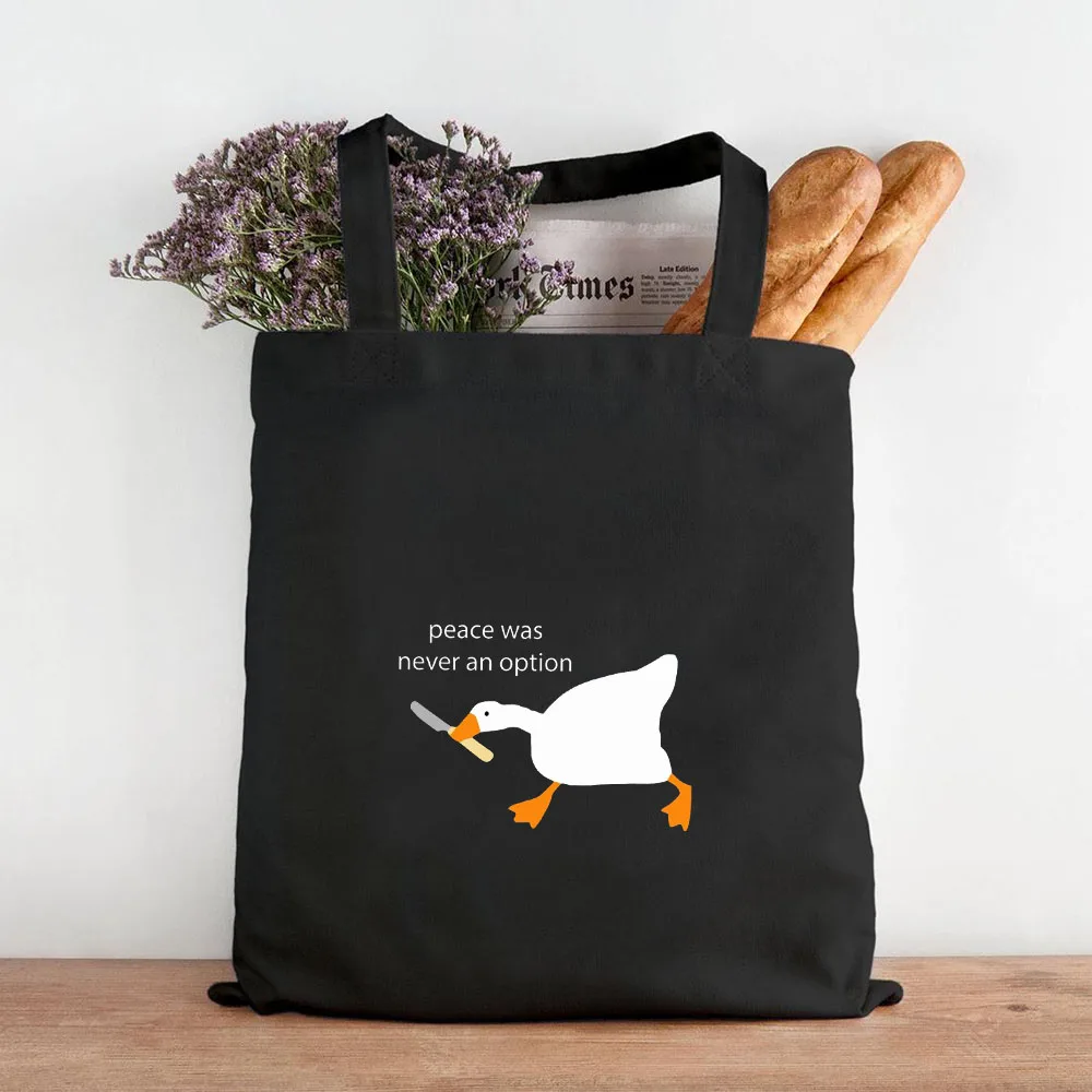 Funny Honk Untitled Goose Game Frog Pingu Duck Cute Cartoon Girl Women Canvas Shoulder Shopping Book Cotton Handbag Eco Tote Bag
