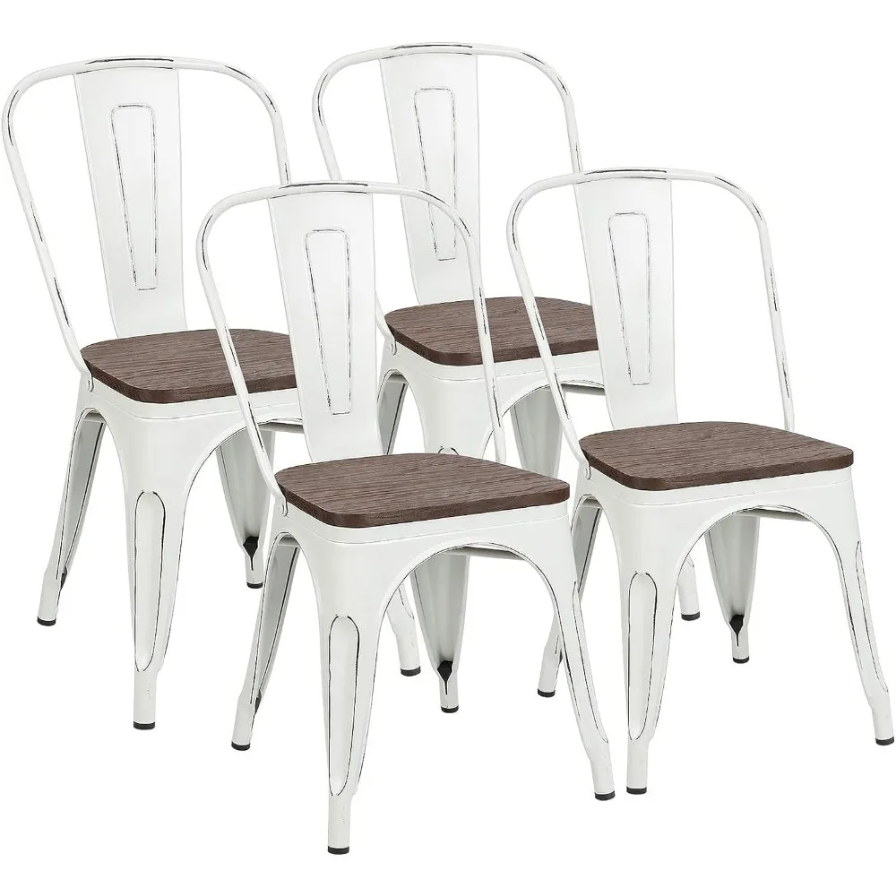 Metal Dining Chairs with Wood Seat, Indoor Outdoor Use Stackable Tolix Industrial Metal Chairs Set of 4 for Kitchen