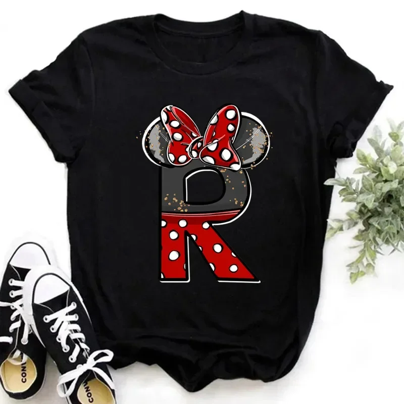 thumbnail image 1 of 2024 Marca Disney Ropa para niños Minnie Mouse Rojo Negro Letras AZ Estampado Niñas Niños Algodón Camiseta Negro Y2k Tops Camisetas para bebés, 1 of 5