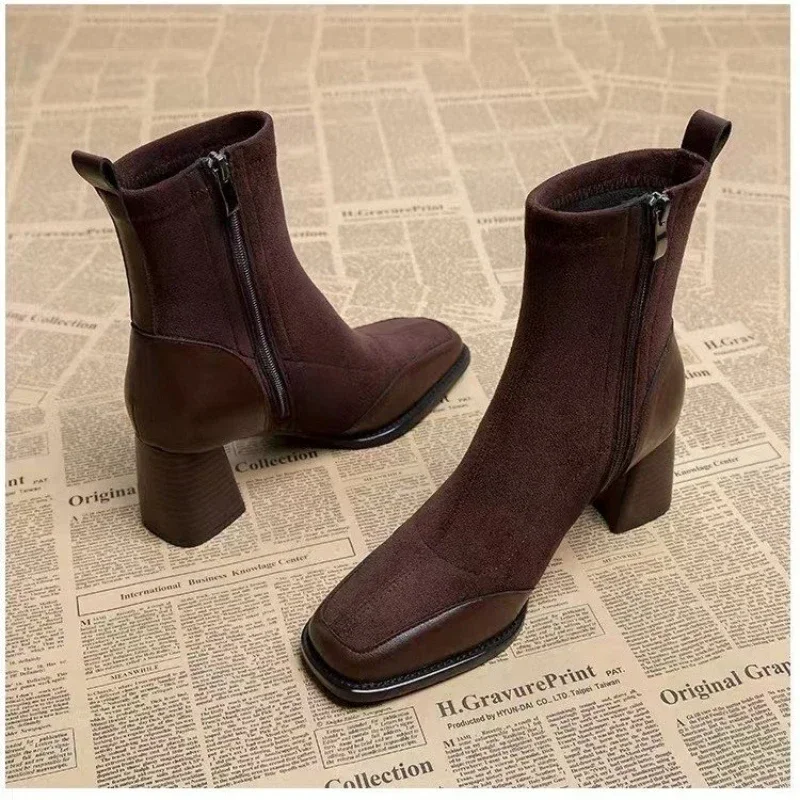 2023 Ladies Shoes  Square Toe Solid  Women's Boots Trend Outdoor Short Tube Boots Square Heel Zippered High Heels Shoes