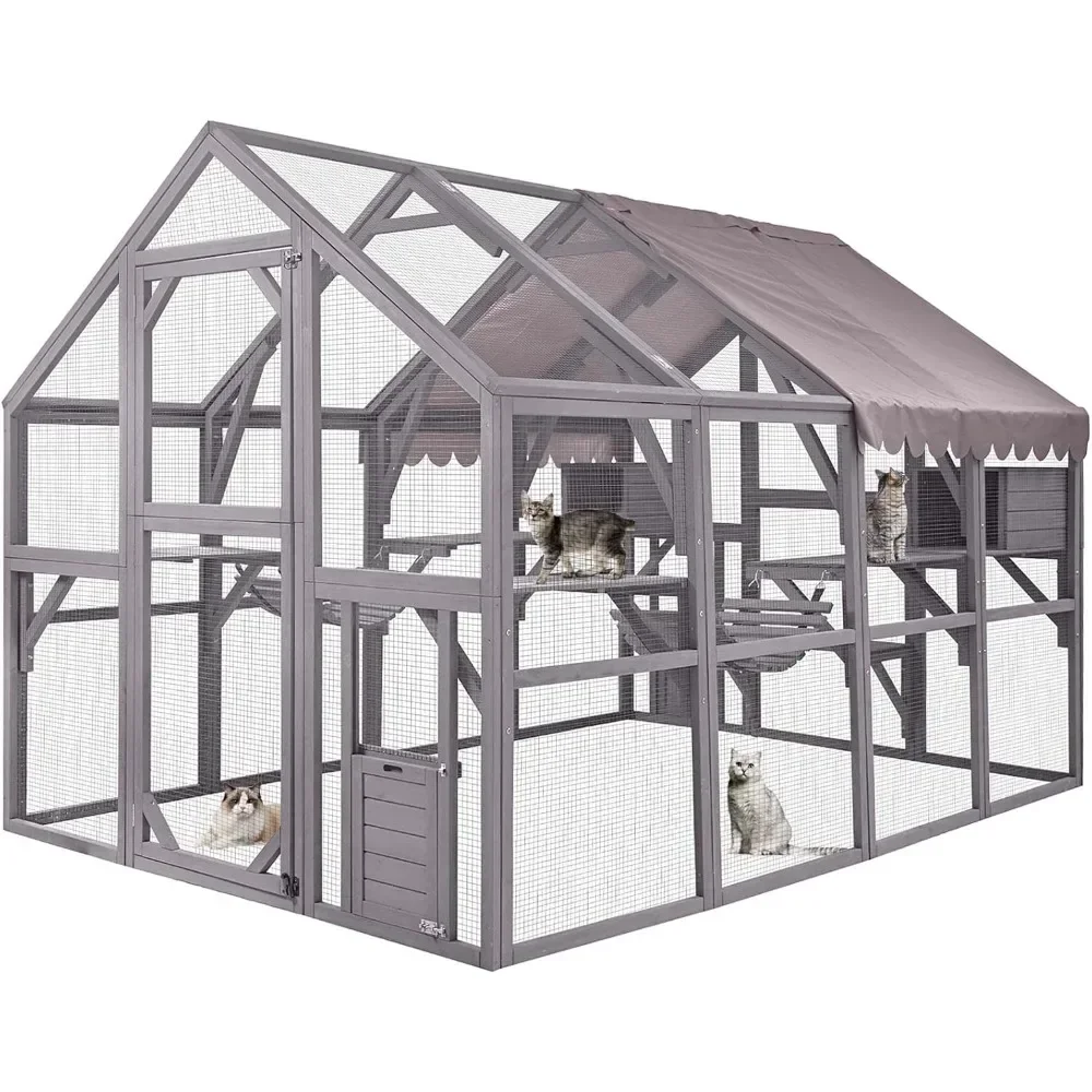 Cat House, Outdoor Cat House Enclosures 110" Large Kitten Playpen with Platforms,Upgrade Waterproof Cover, Pet Cages