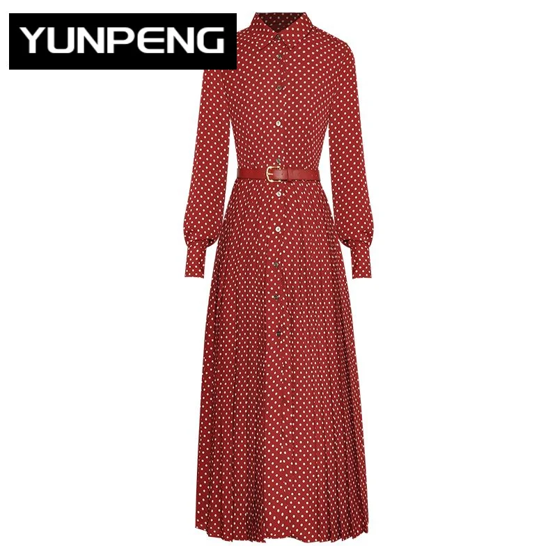 

Dresses For Women 2023 Summer Runway Luxury Brand Elegant Turn-down Collar Long Sleeve Belt Dot Print Vintage Pleated Midi Dress