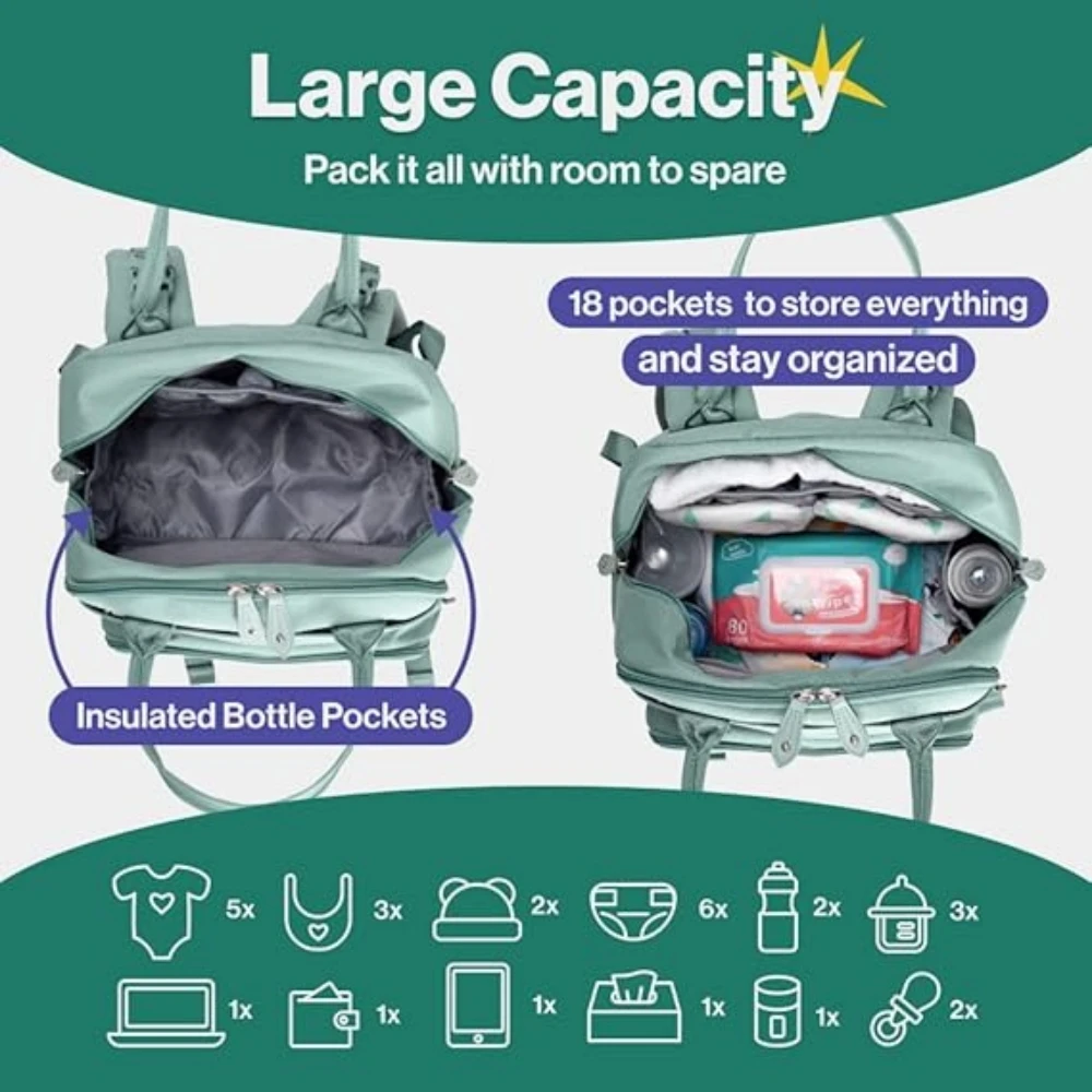 Roll over image to zoom in BabbleRoo Sage Green Unisex Baby Essentials Backpack-Spacious Diaper Bag with Changing Pad, Stroll