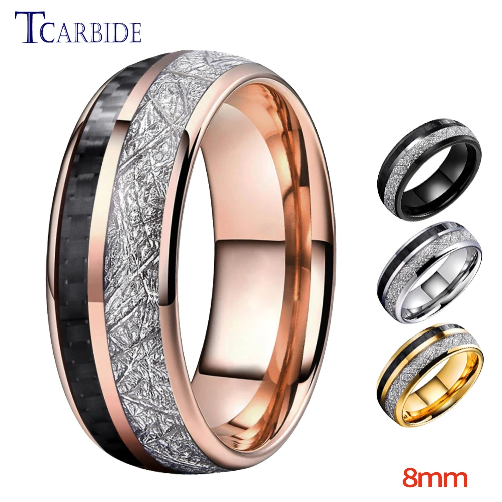 8MM Men Women Tungsten Wedding Band With White Meteorite And Black Carbon Fiber Inlay Trendy Gift Jewelry Comfort Fit смарт браслет honor band 5 meteorite black crs b39s