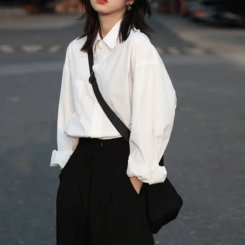 

Spring New White All-match Blouse Long Sleeve Polo Neck Solid Color Simplicity Loose Youth Shirts Harajuku Fashion Women Clothes