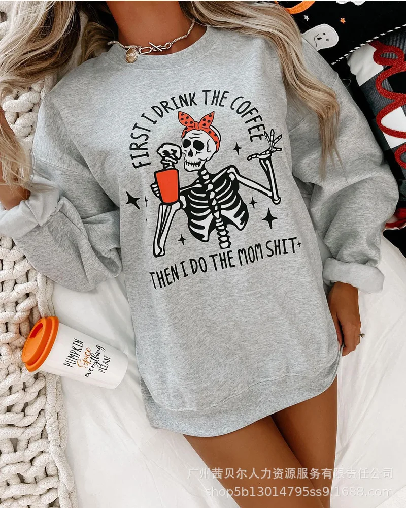 

Halloween Skeleton Print Long Sleeve Sweatshirt Women O Neck Autumn Winter Sweatshirts Pullover Fashion Loose
