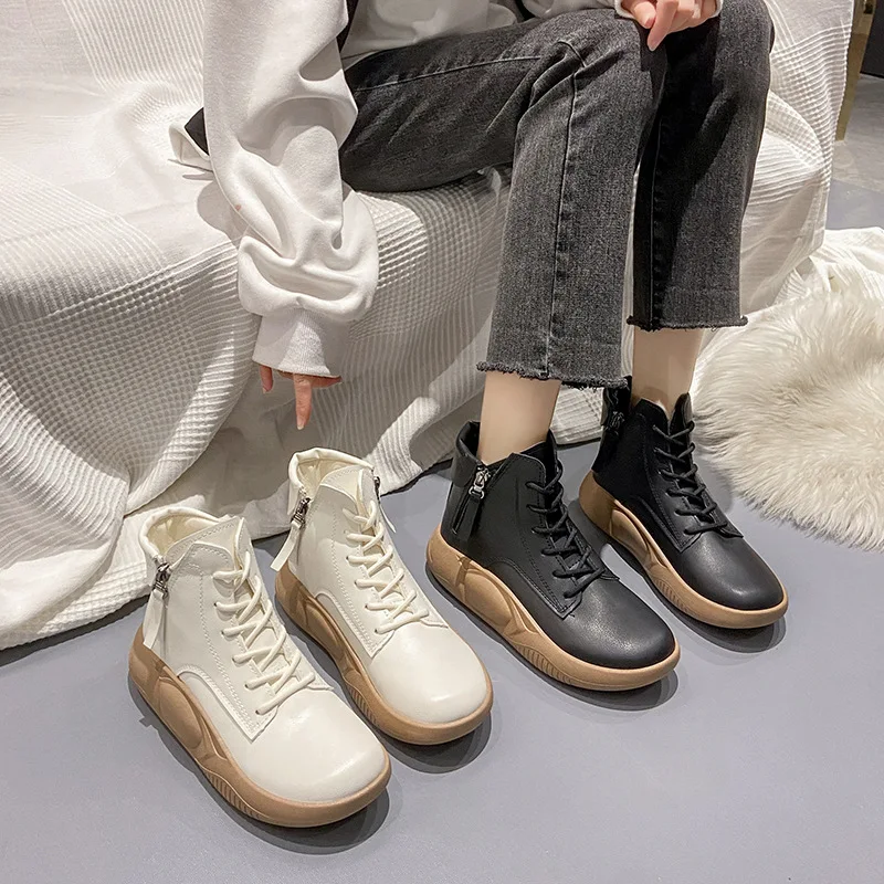 Women Platform Ankle Boots Fashion Casual High Top Sneakers Lace Up Side Zip Anti-slip Hiking Shoes Zapatilla Deportiva Mujer