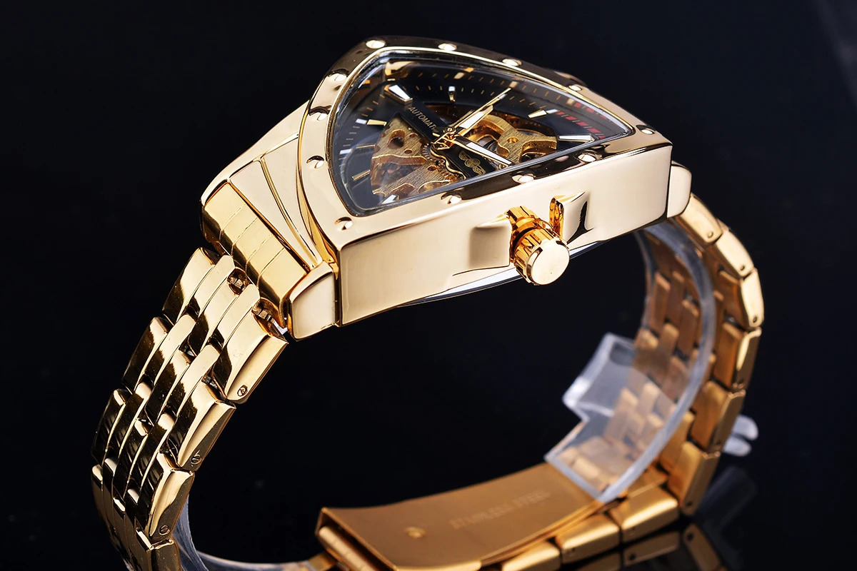 Mechanical Watch Winner Steampunk Swiss Design Mens Double Side Skeleton Transparent Golden Stainless Steel Automatic Mechanical Watch