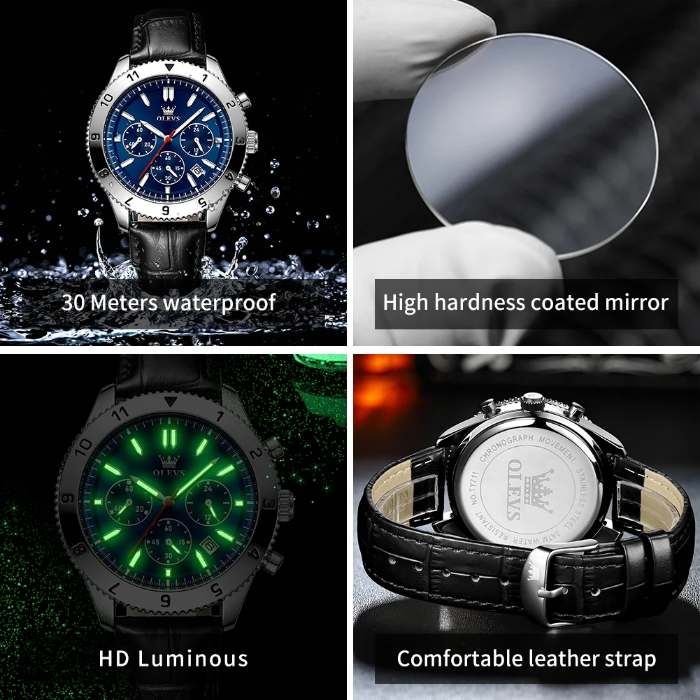 OLEVS Original Quartz Watch for Men Leather Strap Chronograph Calendar Waterproof Luminous Men's Wristwatches Relógio Masculino