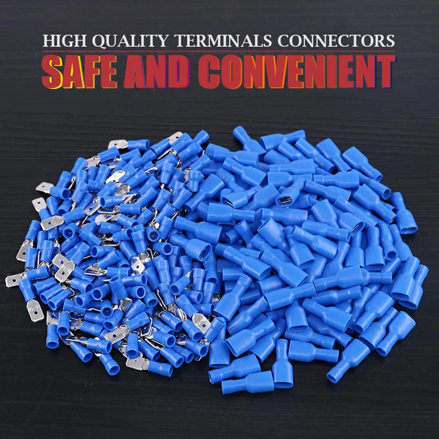 Electrical Wiring Connector 6.3mm 16 14AWG Female Male Insulated Crimp Terminal Spade Blue 100pcs 50pairs