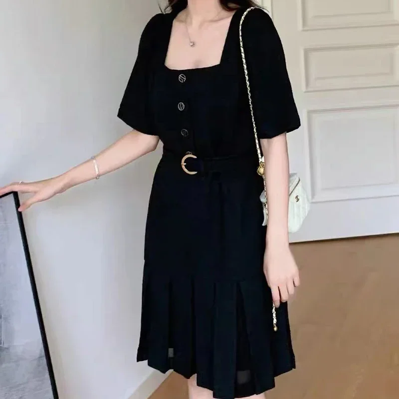 

Elegant Short Sleeve Tweed Dress for Women Casual Square Collar Pleated Mini Dresses Autumn 2022 Office Wear Slim Black Vestidos