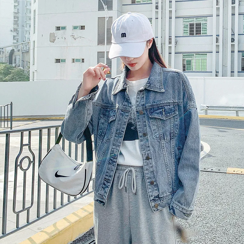 Vintage Denim Jacket Women Single Breasted Lapel Loose Cowboy Jacket 2023 Spring Autumn New Fashion Indie Aesthetic Outwear Bf