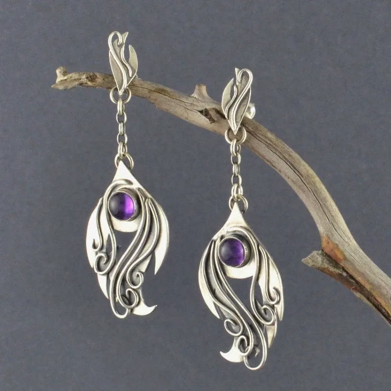 Vintage Silber Farbe Metall Schnitzerei Spirale Baumeln Ohrringe für Frauen Ethnische Runde Intarsien mit Lila Stein Ohrringe Schmuck
