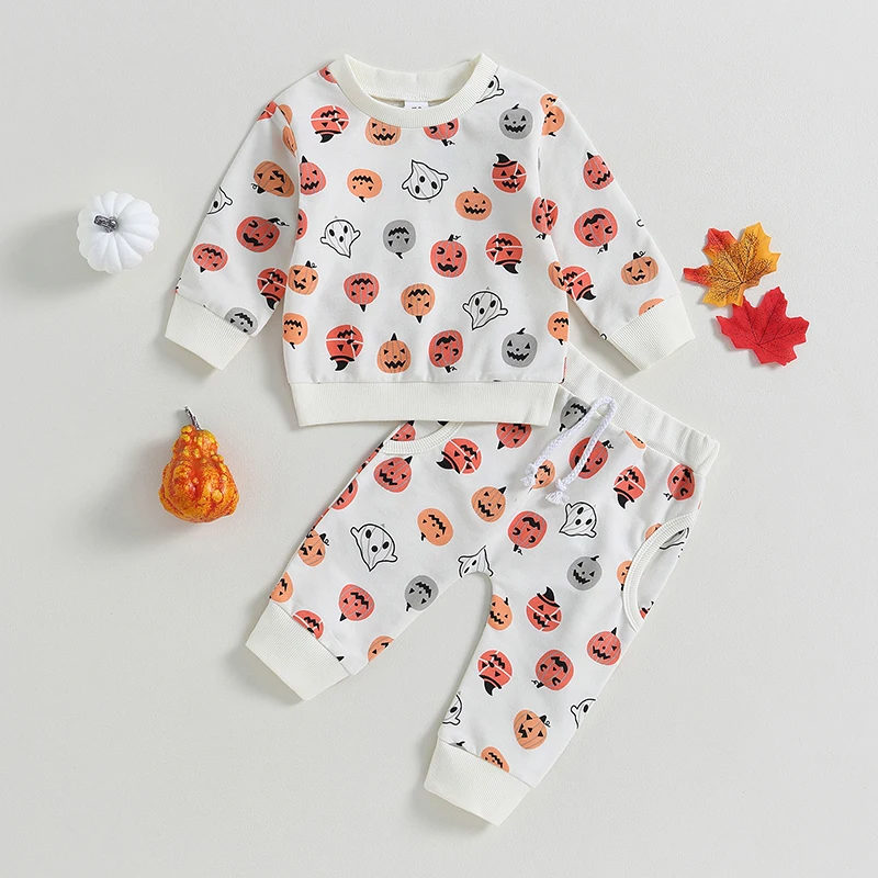 

BeQeuewll Toddler 2Pcs Cute Halloween Outfits Long Sleeve Pumpkin Ghost Print Sweatshirt And Pants Set Baby Clothes