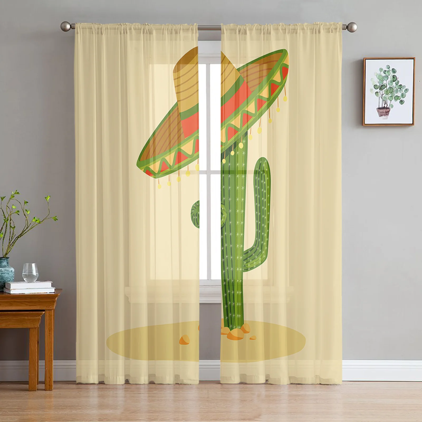

Cactus Hand-Painted Hat Chiffon Sheer Curtains for Living Room Home Decoration Window Voile Tulle Curtain Drapes
