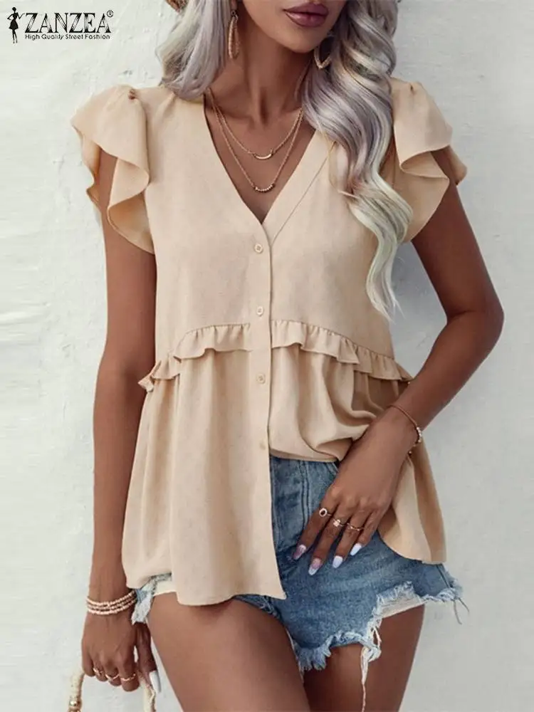 

Блузка ZANZEA женская с V-образным вырезом и коротким рукавом, модный винтажный топ с оборками, свободная туника на пуговицах, лето 2023