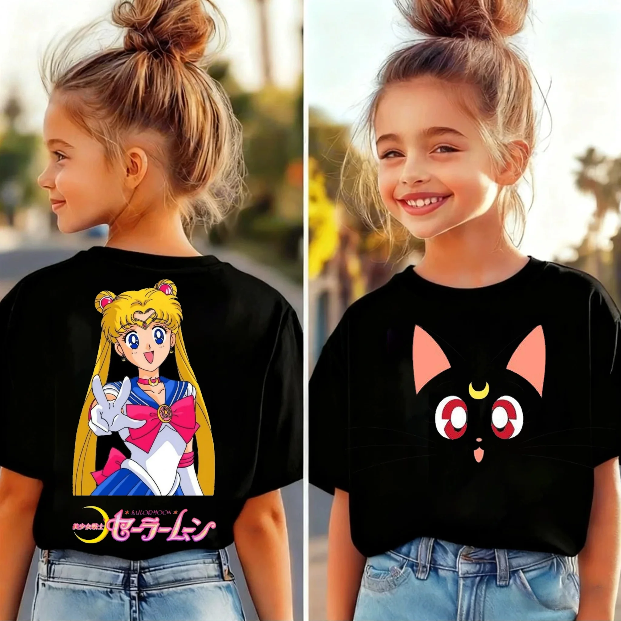 Children's Summer Sailor Moon Cartoon Print Loose Fit T-Shirt