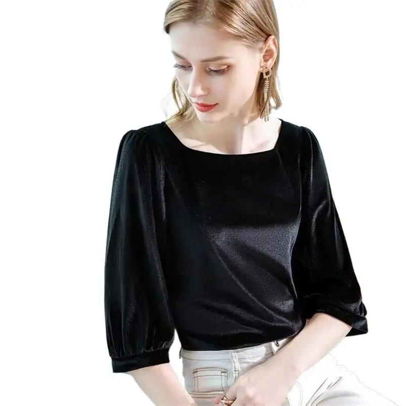 

Women' Spring and Autumn Leisure Velvet Shirts Pure Color Elegant Tops French Style Half Sleeve Square Neck Blouse Ladies Top