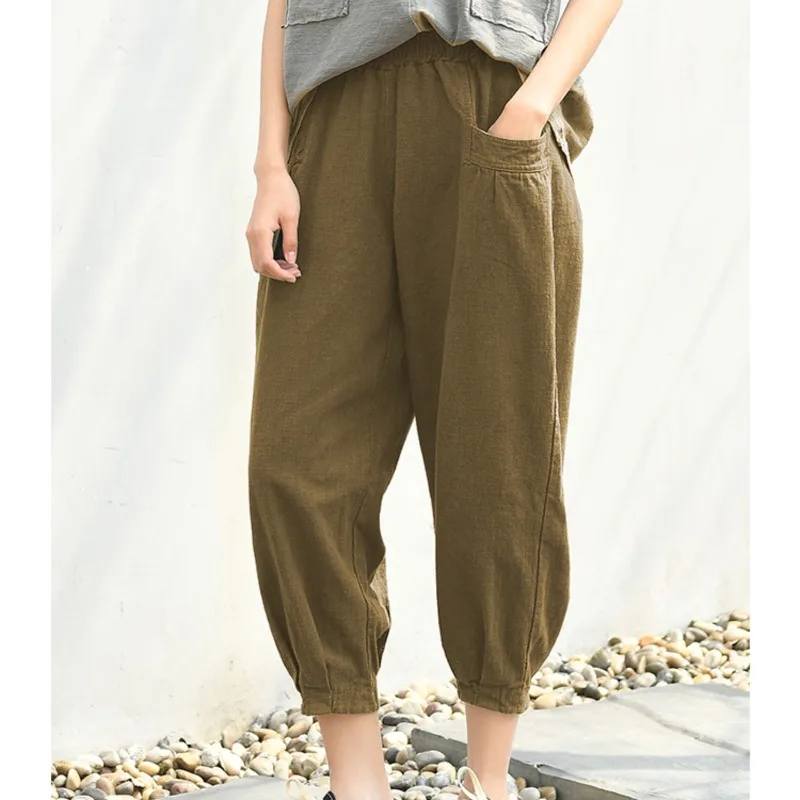 

Summer Women's 2024 High Waist Elastic Spliced Pocket Folds Fashion Solid Color Radish Harlan Cotton and Hemp Crop Lantern Pants