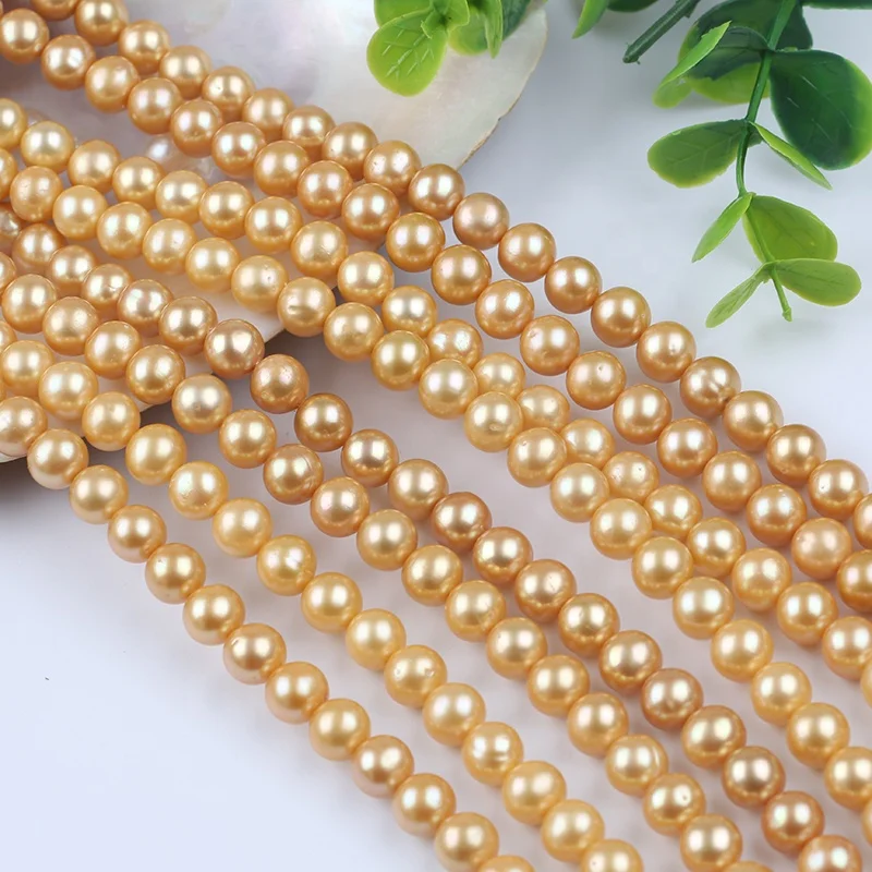 

8-9mm dyed gold color freshwater round pearls beads strand for jewelry making wholesale