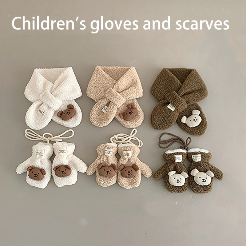 Bear Themed Scarf and Gloves Set for Boys Girls 2-6T, Breathable Long Muffler with Mittens for Outdoor Activity