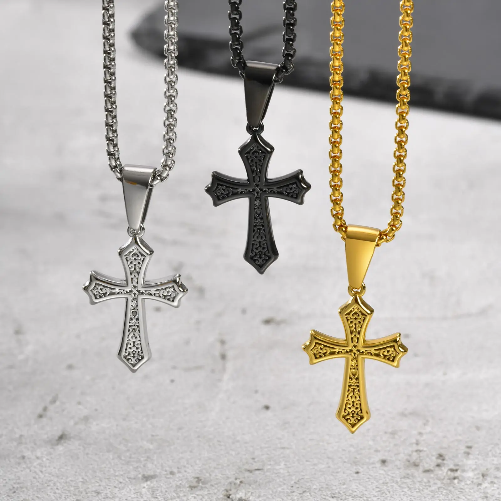 Hip Hop Cross Necklace For Men Women,50/55/60cm Stainless Steel Chic Cross Pendant,Christian Classic Jewelry Gifts_voghion.com