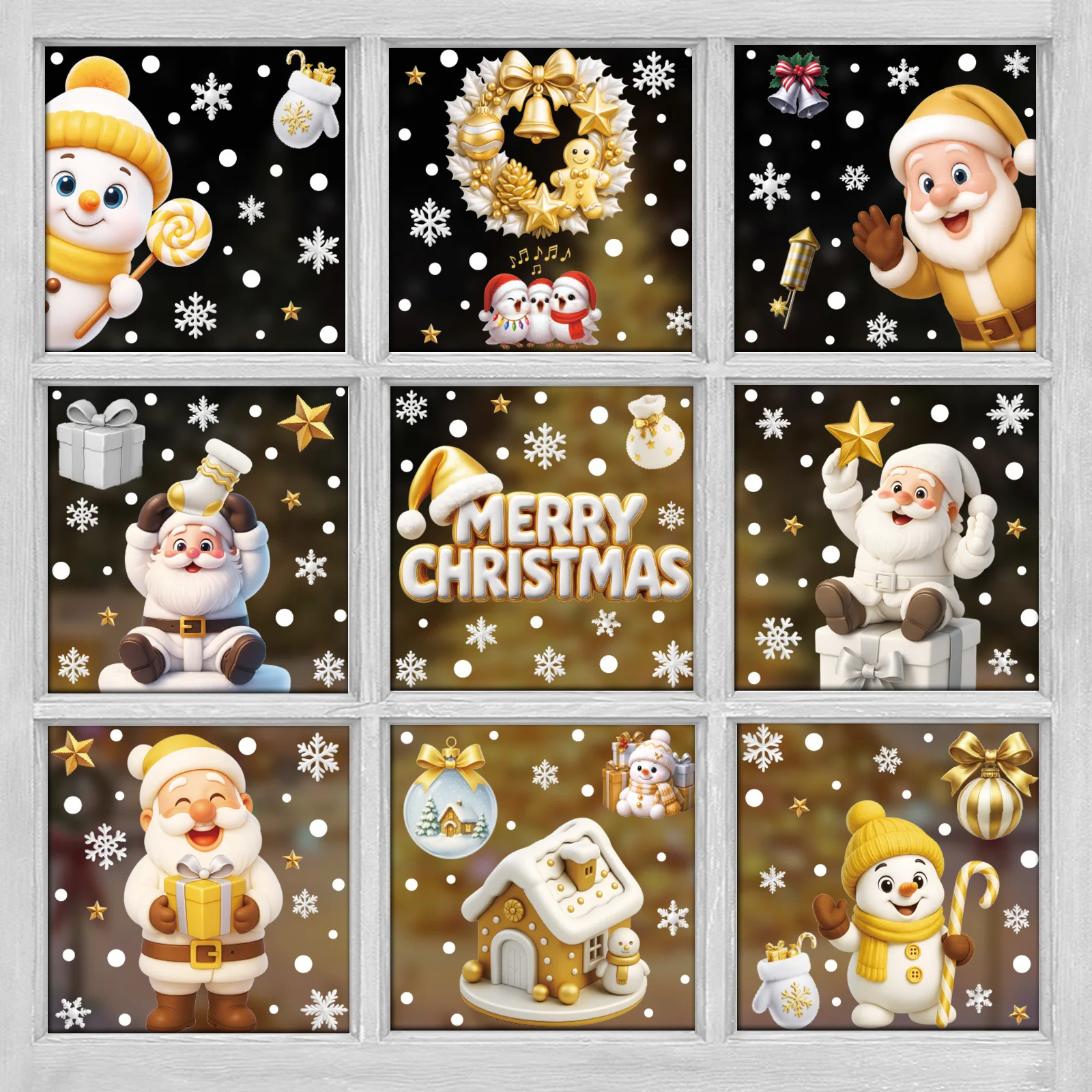 Set of 4 Christmas Static Cling Stickers Gold Reindeer Snowman Snow House Wreath Window Decals Complete Holiday Decorations Kit