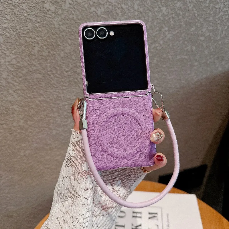 Magnetic Leather Wrist Strap Case with Magsafe Wireless Charging and Lanyard