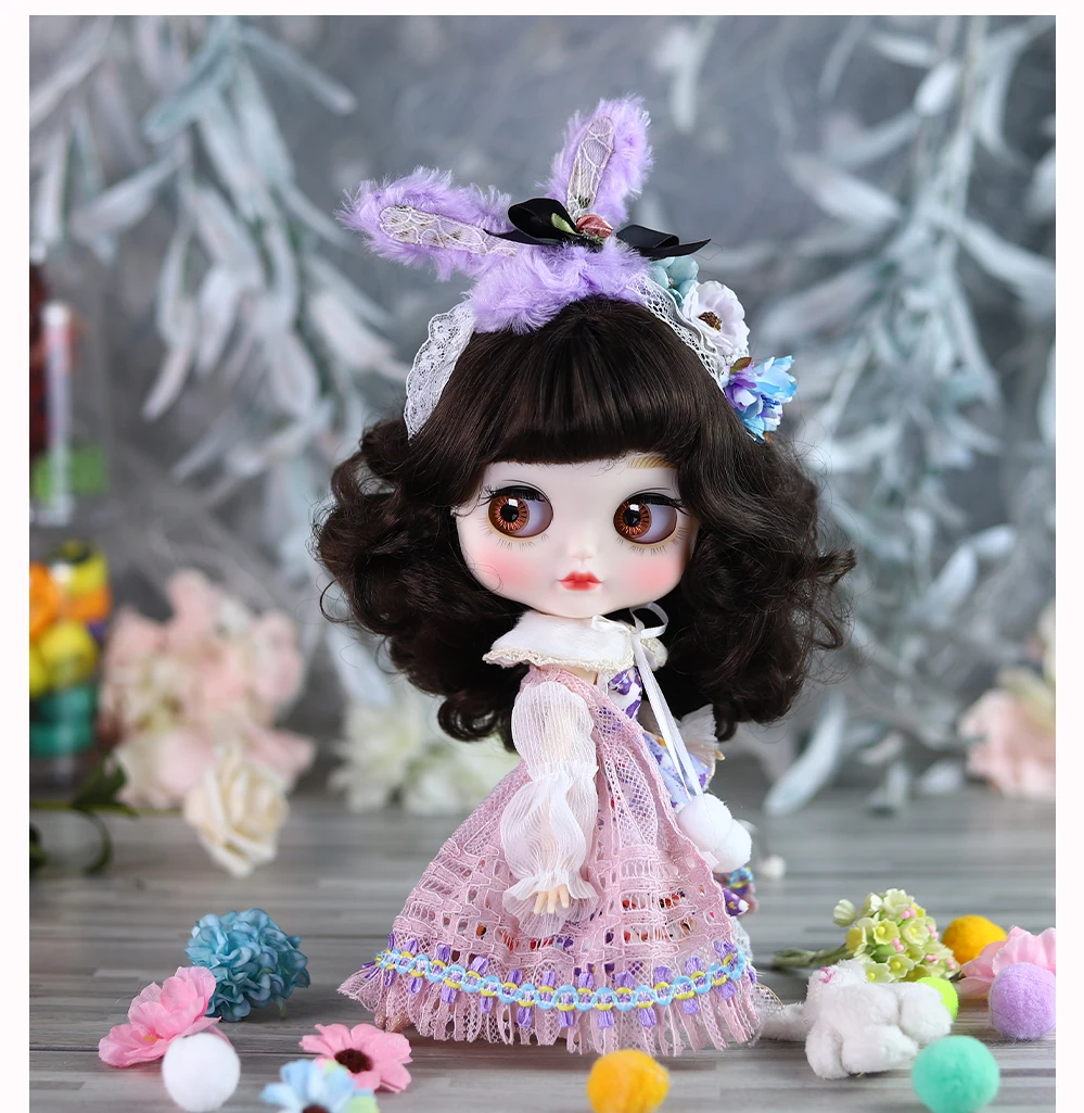 Mia - Преміум Custom Neo Blythe Лялька з каштановим волоссям, білою шкірою та матовим милим квадратним обличчям 4