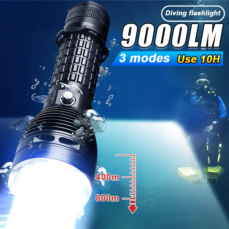 9000LM 업그레이드 XHP160 다이빙 손전등 강력한 직업 다이빙 토치 충전식..