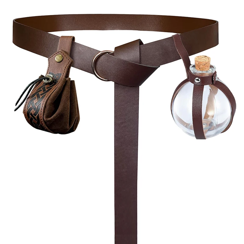 2er-/3er-Set Mittelalterlicher Wikinger-Ledergürtel Unisex Vintage-Ledergürtel/Geldbeutel/Zaubertrankflasche für Rollenspiele und Renaissance-Events
