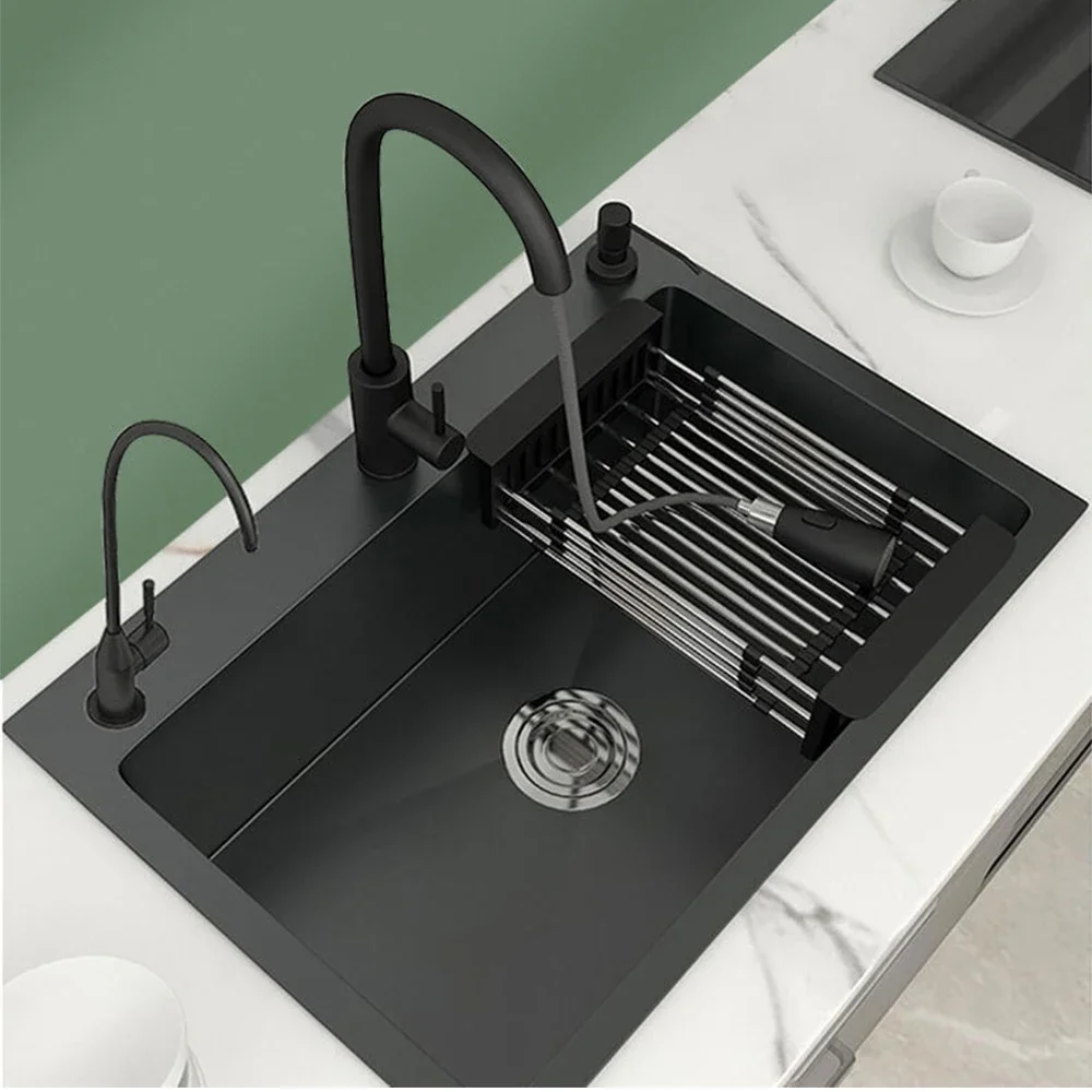 Waterfall Sink Kitchen Stainless Steel Topmount Sink Large Single Slot Wash Basin Touch Waterfall Faucet Cocina Cozinha AA44