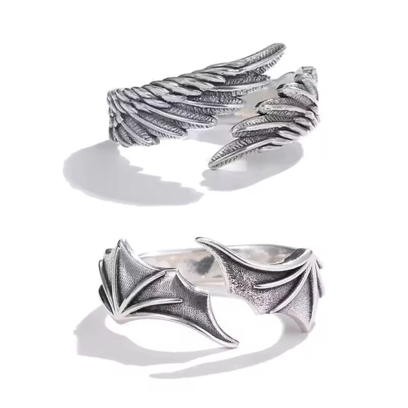 Rings 2 Pcs Vintage Angel Devil Wings Adjustable for Men Women Hip Hop Retro Couples Party Gifts Jewelry